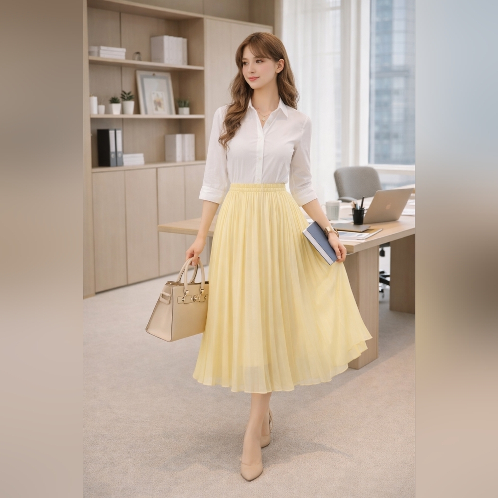 Sadie & Love Butter Yellow Pleated Midi Skirt Size XL Elastic Waist Chiffon - Picture 2 of 6